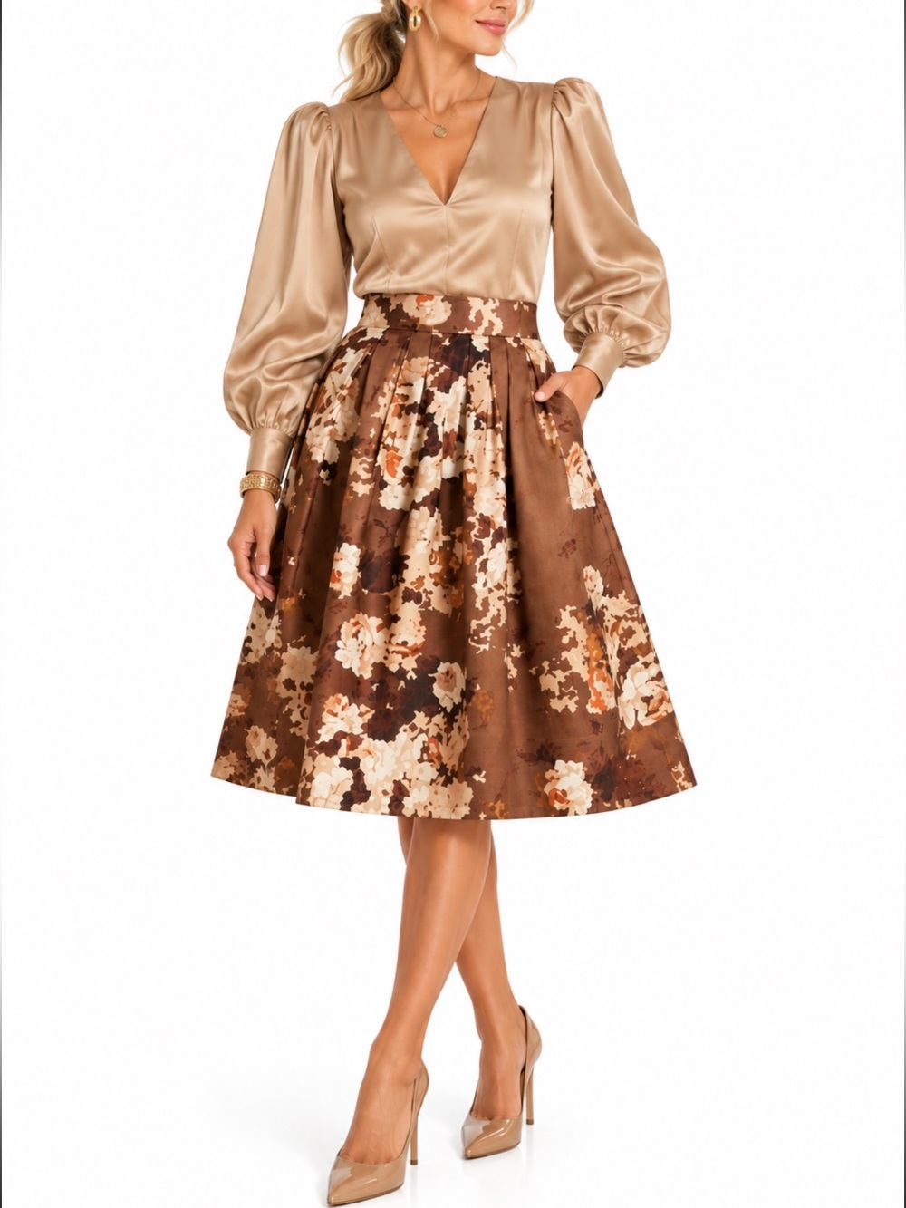 Talbots Vintage Brown Floral Pleated A-Line Midi Skirt 4P